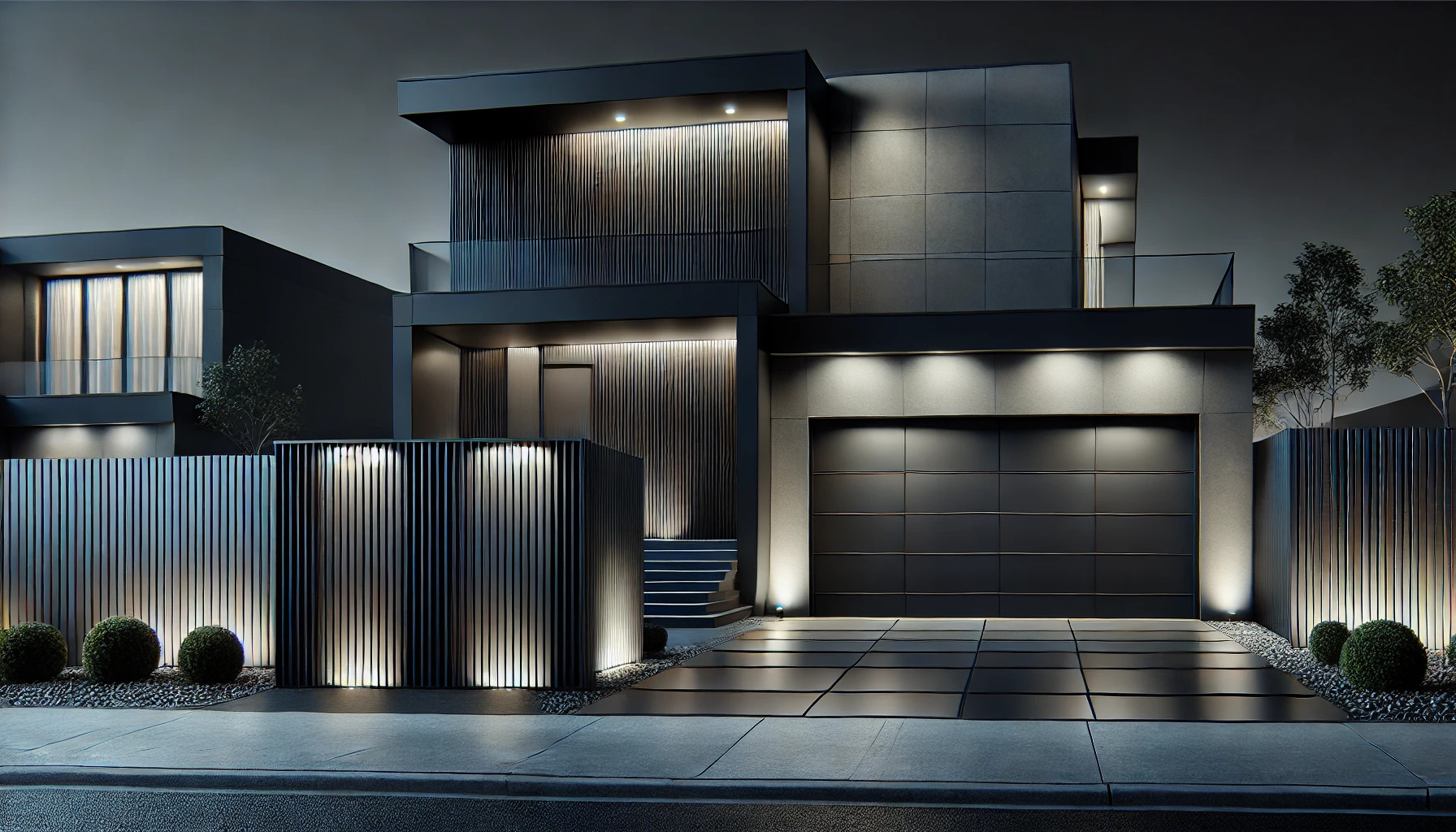 Moderna kuća s garažnim vratima i ogradom